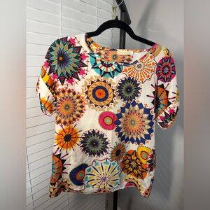 White Multicolor Geometric Print Puff-Sleeve Top